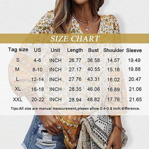 Orange & White Boho Floral Printed Tie V-Neck Loose Flowy Long Sleeve Top Blouse - Picture 6 of 6